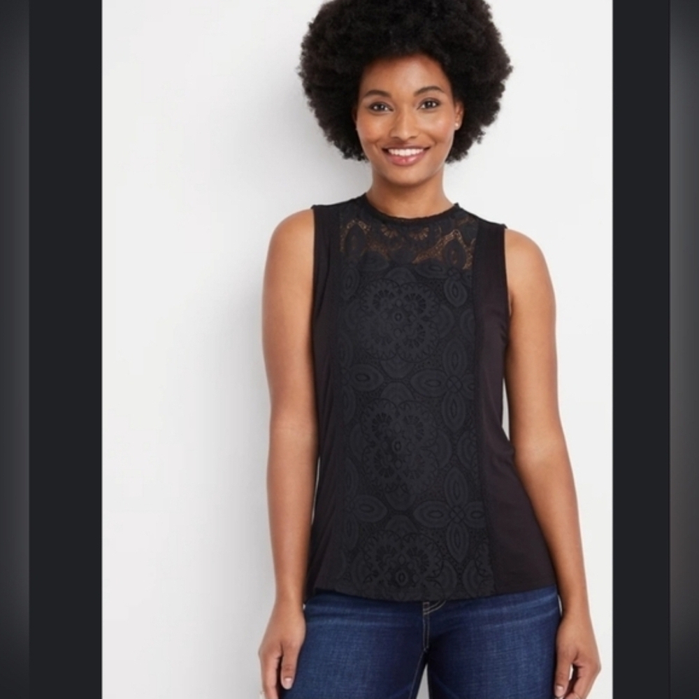 Black Lace-Front Sleeveless Top - Women